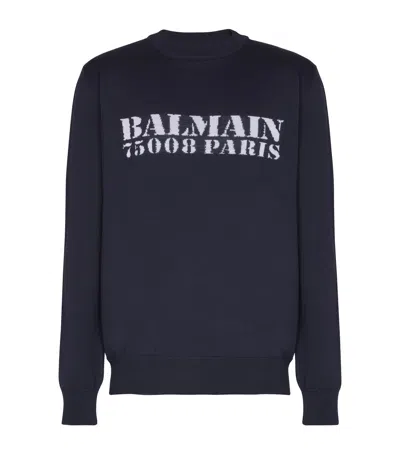 Balmain Merino Wool Logo Sweater In Blue
