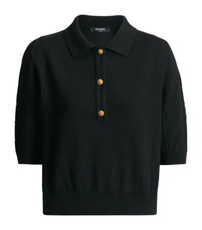 Balmain Merino Wool Openwork Crop Polo Shirt In Black