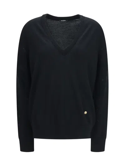 Balmain Merino Wool With Diamond-stitch Details Sweater In Blue