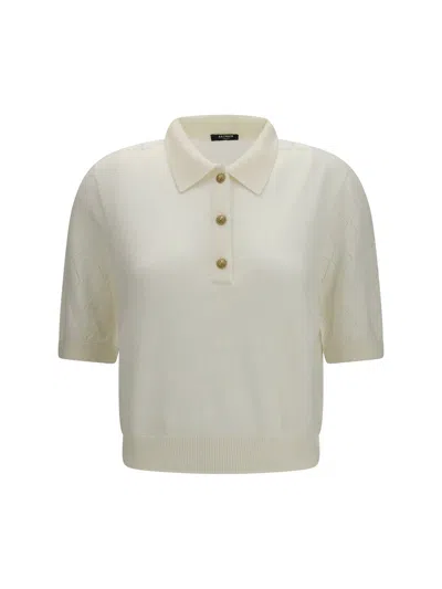 Balmain Merino Wool Diamond-pattern Polo Shirt In White
