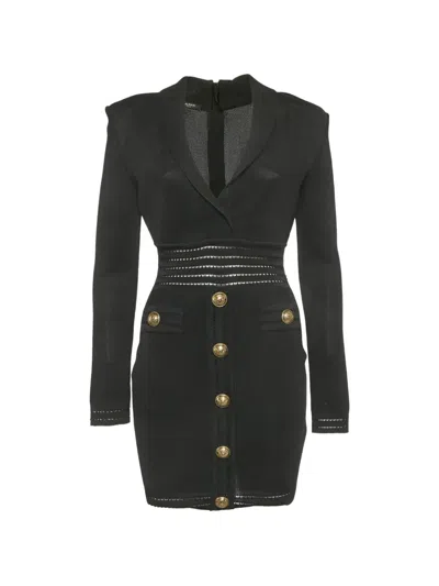 Pre-owned Balmain Mesh-knit Button-detail Mini Dress In Black