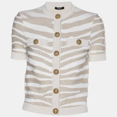 Pre-owned Balmain Metallic Beige Zebra Detail Stretch Knit Cardigan S