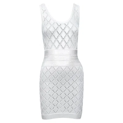 Balmain Metallic Coated Argyle Knit Mini Dress In White