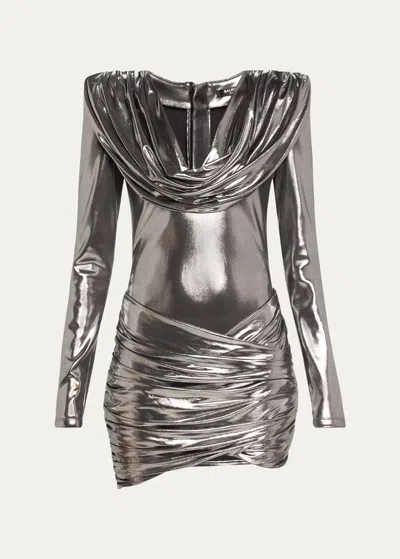 Balmain Metallic Draped Cowl-neck Mini Dress In Silver