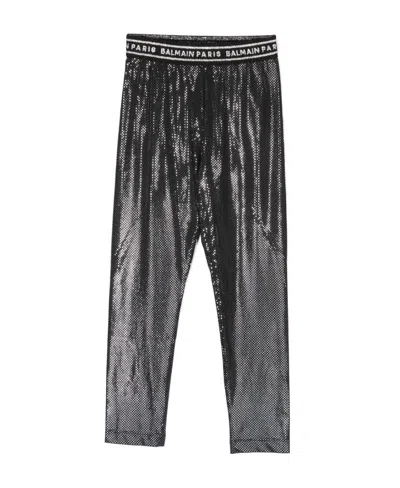 Balmain Metallic-effect Logo-waistband Leggings In Black