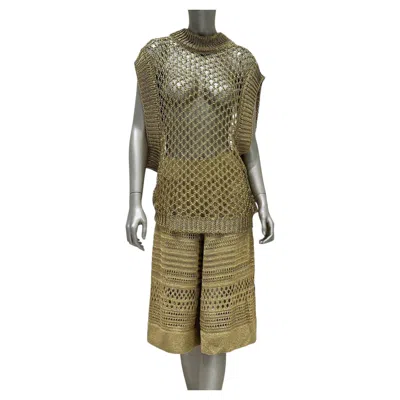 Pre-owned Balmain Metallic Gold Open Knit Top & Bermuda Shorts Set Fr 36 In Brown