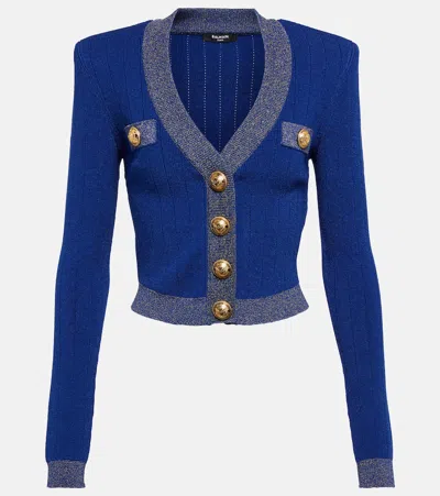 Balmain Cardigan Gold Edge Buttoned Knit Cropped In Blue