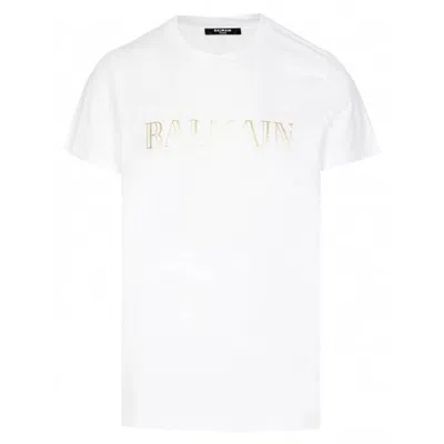 Balmain Metallic Logo Print Cotton T Shirt In White