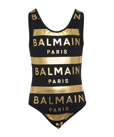 Balmain Metallic Logo-print Swimsuit In Black/gold