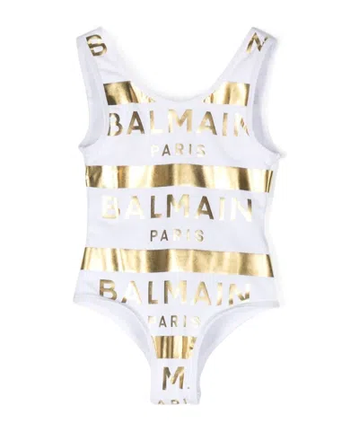 Balmain Metallic Logo-print Swimsuit In White/gold