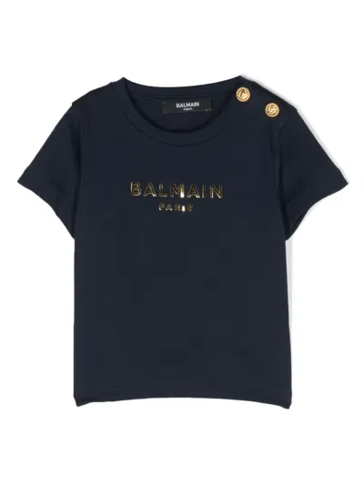 Balmain Babies' Metallic-logo T-shirt In Blue