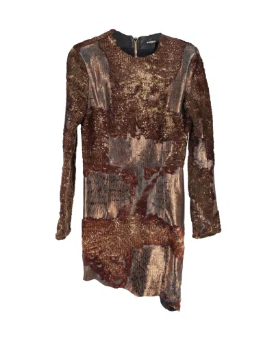 Balmain Metallic Long-sleeve Mini Dress In Brown Leather