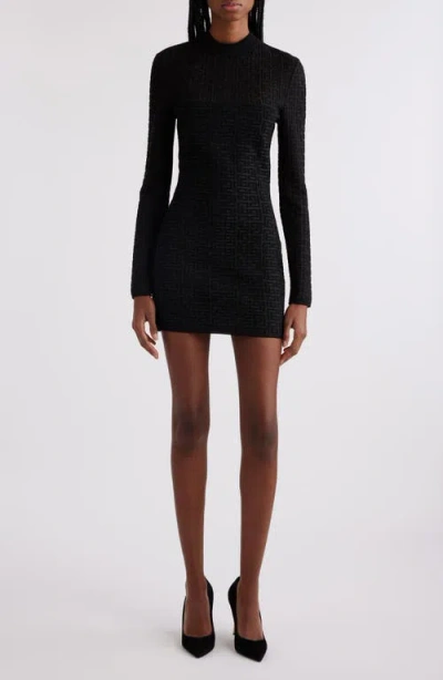 Balmain Metallic Long Sleeve Monogram Jacquard Mini Sweater Dress In Eac Black/ Silver
