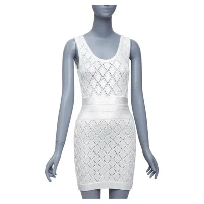 Pre-owned Balmain Metallic Silver Coated Cream Argyle Knit Mini Dress Fr34 Xs In White