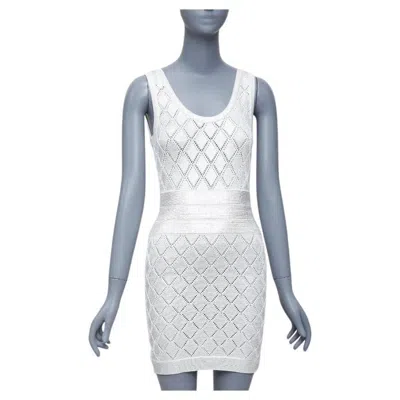 Pre-owned Balmain Metallic Silver Coated Cream Argyle Knit Mini Dress Fr34 Xs In White