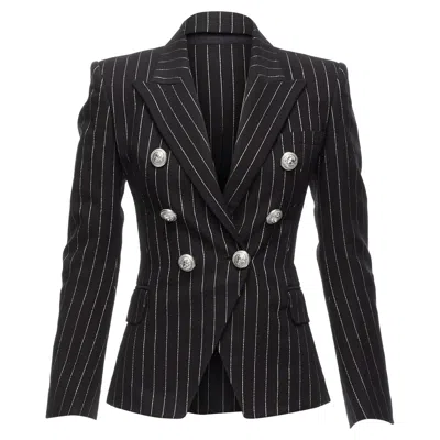 Balmain Metallic Striped Cotton Blend Double Breasted Blazer In Black