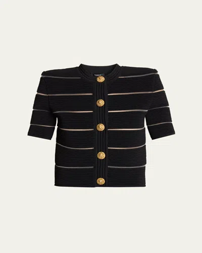 Balmain Metallic Striped Strong-shoulder Crop Cardigan In Black