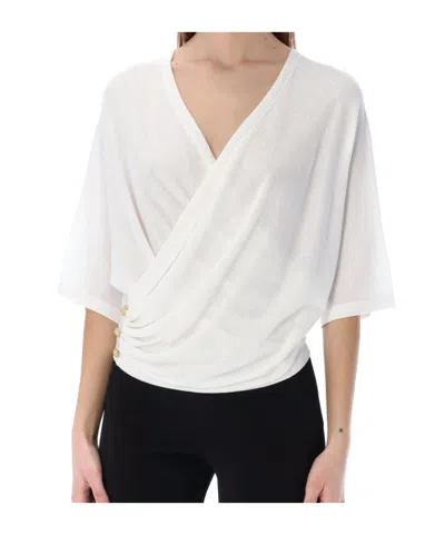 Balmain Metallic Wrap Jersey Top In White