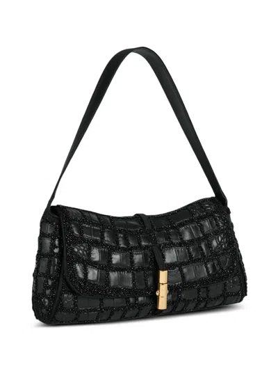 Balmain Metropolis Bag In Crocodile-effect Leather With Embroidery In Black