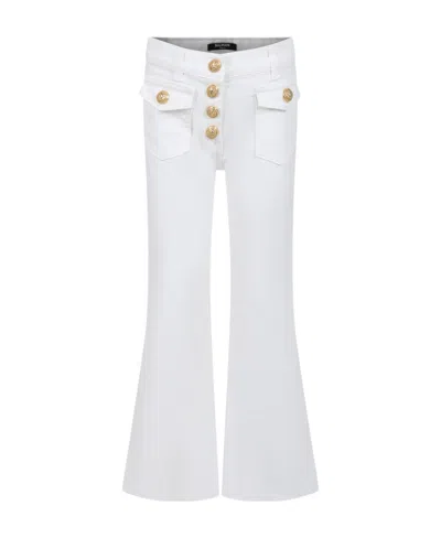 Balmain White Jeans For Girl With Gold Buttons In Bianco/oro