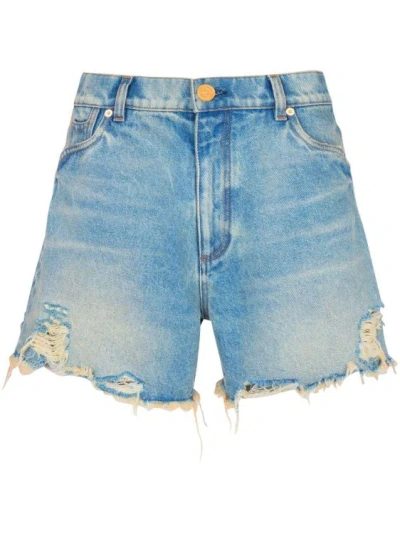 Balmain Mid-rise Frayed Denim Shorts In Blue