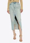 Balmain Midi Denim Skirt With Slit In Blue
