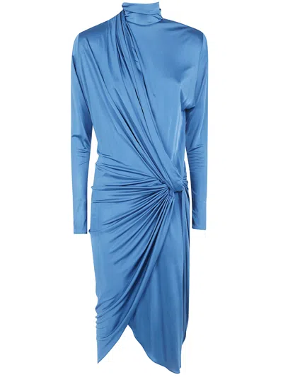 Balmain Midi Dress Long Sleeves Draped Viscose Jersey In Blue