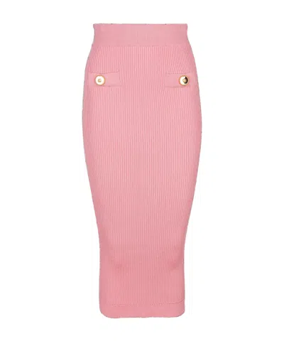Balmain Midi Skirt In A Plain Ribbed Knit In Pink