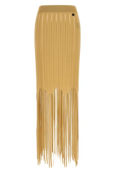 Balmain Midi Skirt With Fringed Hem In Beige