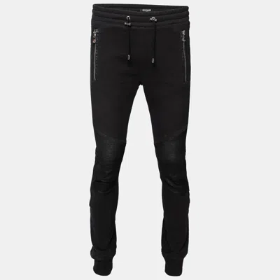 Pre-owned Balmain Midnight Blue Cotton & Leather Patch Detail Joggers L