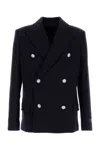 Balmain Blue Double-breasted Coat With Logo Buttons