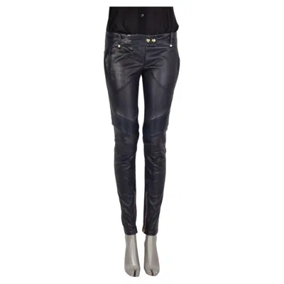 Pre-owned Balmain Midnight Blue Leather Biker Pants 38 S
