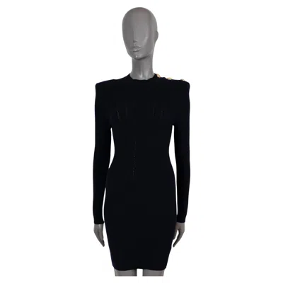 Pre-owned Balmain Midnight Blue Wool 2018 Buttoned Neck Rib-knit Dress 38 S