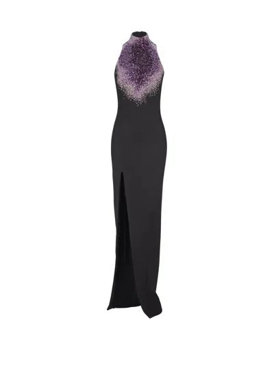 Balmain Milano Jersey Halterneck Dress With Amethyst Embroidery In Black