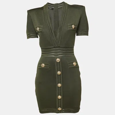 Pre-owned Balmain Military Green Knit Button Detailed Mini Dress M