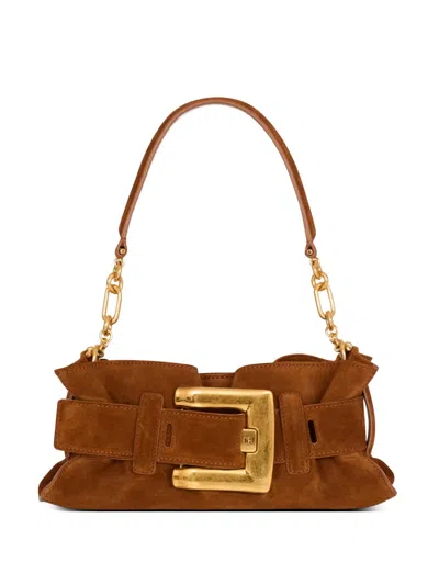 Balmain Min Anthem Buckle Suede Leather Clutch Bag In Brown