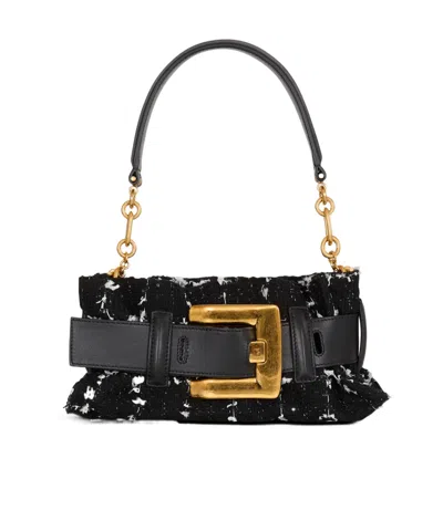 Balmain Mini Anthem Bag In Smooth Leather And Tweed In Black