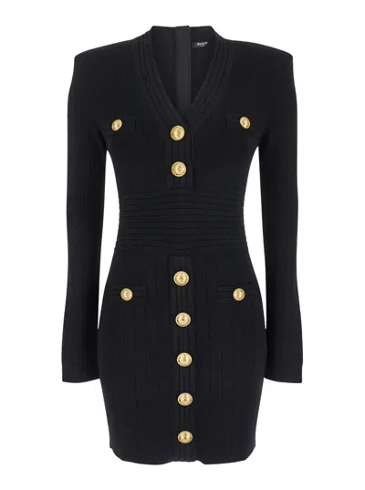 Balmain Mini Black Dress With Golden Buttons In Stretch Viscose Woman In Opa Noir