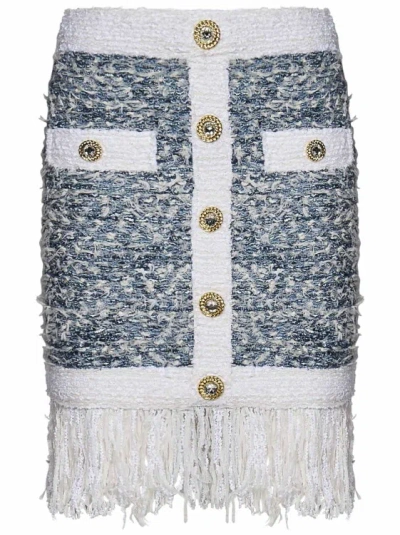 Balmain Fringed Tweed Miniskirt In Blue