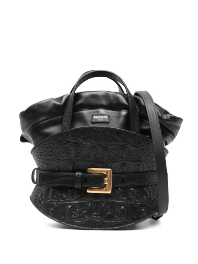 Balmain Mini Calfskin Embossed Croco Handbag In Black