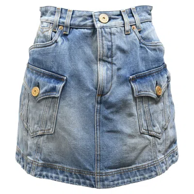 Balmain Mini Cargo Skirt In Blue Cotton Denim