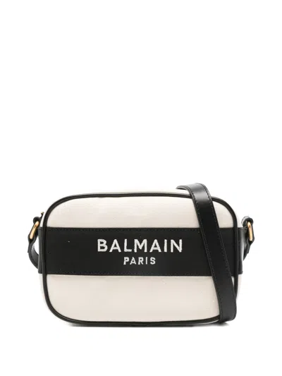 Balmain Mini Cotton Shoulder Handbag With Logo And Zip Closure In Beige
