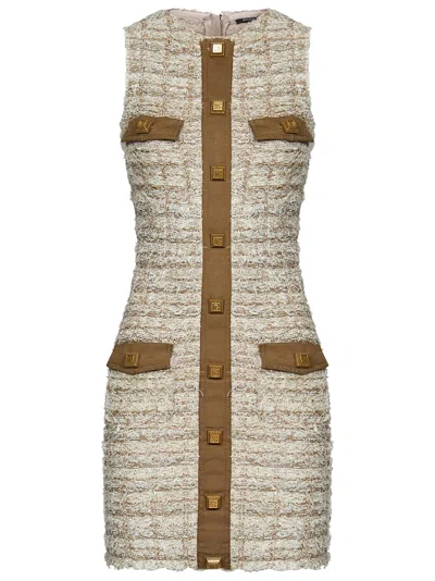 Balmain Textured Tweed Short Dress With Front Pockets In Neutral
