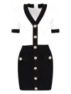 Balmain Fitted Black Dress With Ribbed Texture And Gold Accents In Multi