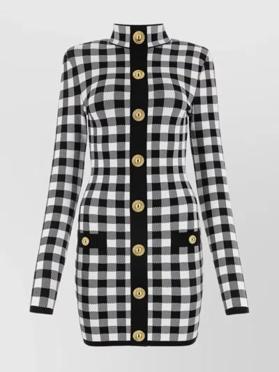 BALMAIN MINI DRESS WITH EMBROIDERED CHECKERED PATTERN