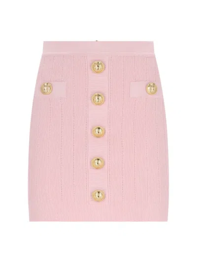 Balmain Knitted Mini Skirt With Embossed Buttons In Pink