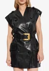 Balmain Mini Leather Belted Dress In Black