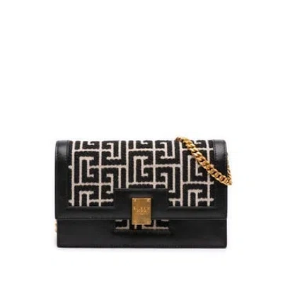 Pre-owned Balmain Mini Leather Trimmed Monogram Jacquard 1945 Heritage Crossbody In Black