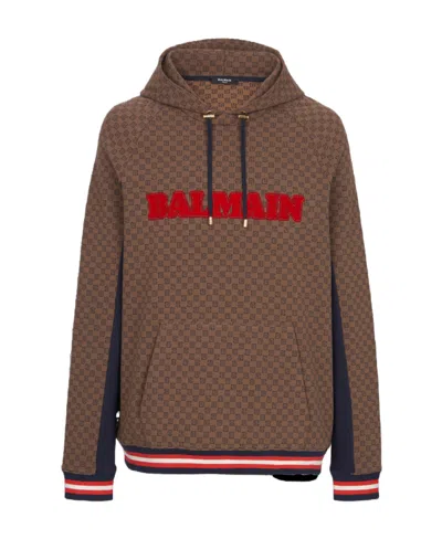 Balmain Mini Monogram Jacquard Hoodie In Brown