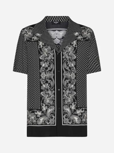 Balmain Mini Monogram Viscose Pajama Shirt In Black,ivory